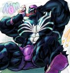 abs alien alien_humanoid backwards_hat barazoku big_muscles big_pecs black_body bottomwear bulge calf_muscles clothed clothing detailed_bulge feet footwear hat headgear headwear hi_res huge_muscles huge_pecs huge_thighs humanoid its_coldpizza long_tongue male manly marvel monster muscular muscular_arms muscular_legs muscular_male muscular_thighs not_furry not_furry_focus obliques partially_clothed pecs pink_bottomwear pink_clothing pink_footwear pink_sandals pink_shorts sandals serratus sharp_teeth shoes shorts solo symbiote teeth thick_arms thick_thighs toes tongue venom_(marvel)