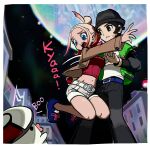  1boy 1girl absurdres belt black_hair black_hat black_pants blonde_hair blue_belt blue_eyes blue_shoes border bracelet brown_jacket commentary foongus hat highres jacket jewelry night open_clothes open_jacket open_mouth outdoors pants paxton_(pokemon) pokemon pokemon_(creature) pokemon_legends:_z-a red_shirt ribbed_shirt scared shirt shoes shorts taunie_(pokemon) teeth upper_teeth_only white_border white_shirt xup_(xeonupp) 