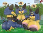 3_fingers accessory anthro areola big_areola big_breasts big_butt black_body black_clothing black_dress black_fur black_nose blep blue_body blue_fur blue_hair blurred_background bodily_fluids breast_size_difference breasts butt choker claws clothing domestic_cat dress egyptian egyptian_clothing egyptian_headdress english_text feet felid feline felis female fingers flower fur furgonomics glistening glistening_breasts glistening_butt glistening_nipples glistening_thighs grass group hair hair_accessory hand_lick hi_res huge_areola huge_breasts imminent_gangbang imminent_sex impregnation_request in_heat inner_ear_fluff jewelry kneeling licking looking_at_viewer looking_back looking_back_at_viewer lying mammal motion_lines musk navel necklace nipples on_front outside pal_(species) pal_egg palmorph palworld pawpads pink_areola pink_nipples pink_pawpads plant pocketpair purring red_eyes sekhmet_(pal) self_lick shrub sitting sky smile smiling_at_viewer sparkles story story_in_description stylish_apollo sweat sweaty_breasts sweaty_butt tail tail_accessory tail_aside tailband text thick_thighs toe_claws tongue tongue_out tree trio tuft wide_hips yellow_body yellow_fur