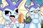3:2 absurd_res anthro aquatic aroused blue_body blush bodily_fluids claws detailed_background digital_media_(artwork) drooling duo eeveelution eye_roll fangs female feral fish food generation_1_pokemon grass hi_res krita_(artwork) mane nails nintendo nude open_mouth outline paws plant pokemon pokemon_(species) popsicle purple_eyes rushthepenguin saliva shaded sky spikes sucking tail tan_ears teeth thick_tail thick_thighs tongue vaporeon wet