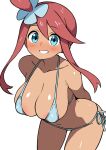  1girl areola_slip arms_behind_back bikini blue_bikini blue_eyes blush breasts cleavage collarbone covered_nipples ecgg_(tsuji418477) hair_between_eyes hair_ornament highres large_breasts leaning_forward long_hair looking_at_viewer micro_bikini navel pokemon pokemon_black_and_white red_hair short_hair_with_long_locks side-tie_bikini_bottom sidelocks simple_background skyla_(pokemon) smile solo stomach string_bikini swept_bangs swimsuit tan undersized_breast_cup white_background 