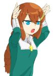  1girl annoyed blue_eyes braid braided_ponytail christ-chan christianity collar cross cross_necklace drawfag dress green_dress hair_ornament hairclip hands_up highres intimidating jewelry light_frown long_dress makise_kurisu necklace non-web_source nun open_mouth original simple_background solo upper_body white_background white_collar white_sleeves 