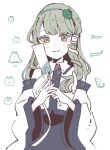  1girl blue_sky closed_mouth collared_shirt commentary_request cowboy_shot detached_sleeves frog frog_hair_ornament gohei green_eyes green_hair hair_ornament hair_tubes holding holding_gohei kochiya_sanae long_hair long_sleeves mozukuzu_(manukedori) shirt simple_background single_hair_tube sky smile snake snake_hair_ornament solo star-shaped_pupils star_(symbol) symbol-shaped_pupils touhou white_background white_shirt white_sleeves wide_sleeves 