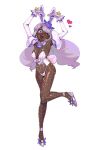  1girl absurdres alternate_costume animal_ear_hairband animal_ears ascot breasts commentary covered_nipples dark-skinned_female dark_skin detached_collar detached_sleeves earrings english_commentary fake_animal_ears fake_tail fascinator fishnet_pantyhose fishnets frilled_ascot frilled_gloves frills full_body glove_bow gloves hairband heart heart_in_mouth highres jacinthe_(pokemon) jewelry juliet_sleeves leg_up leotard long_hair long_sleeves looking_at_viewer nontraditional_playboy_bunny one_eye_closed open_mouth pantyhose playboy_bunny pokemon pokemon_legends:_z-a puffy_sleeves purple_eyes purple_gloves purple_hair purple_leotard purple_trim rabbit_ear_hairband rabbit_ears rabbit_tail raliciel see-through_clothes see-through_leotard simple_background smile solo standing standing_on_one_leg tail teeth very_dark_skin white_background 