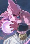  1boy akuto013 aura black_nails black_sclera blue_tongue colored_sclera colored_skin colored_tongue commentary dragon_ball dragon_ball_z energy_ball english_commentary fangs highres kid_buu looking_to_the_side majin_buu majin_symbol male_focus open_mouth pants pectorals pink_skin powering_up red_eyes sharp_teeth solo teeth topless_male white_pants 