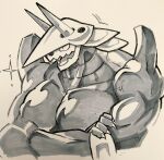 2026 abs absurd_res aggron anthro anthrofied big_muscles big_pecs bust_portrait crossed_arms digital_drawing_(artwork) digital_media_(artwork) generation_3_pokemon hi_res horn huge_pecs male muscular muscular_anthro muscular_male nintendo open_mouth pecs pokemon pokemon_(species) pokemorph portrait ryeono_kemo scalie shirtless simple_background solo sparkles