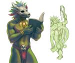 absurd_res anthro ass_up backsack balls big_balls big_butt bone bone_mask book bottomwear bulge butt clothing dropping_object genitals green_body hardonware hi_res jewelry lihzahrd lizard loincloth male manly mask muscular muscular_male nipple_piercing nipple_ring nipples pecs piercing pink_nipples presenting presenting_hindquarters reading reptile ring_piercing scalie simple_background skull skull_head skull_mask tail terraria vein white_background witch_doctor_(terraria)