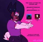 2023 absurd_res akita american_akita anthro bau_(melaisen) black_text blue_eyes bottomwear brown_ears brown_nose canid canine canis clothed clothed_anthro clothed_male clothing countershading digital_drawing_(artwork) digital_media_(artwork) domestic_dog english_description english_text fully_clothed fully_clothed_anthro fully_clothed_male fur hair hi_res male mammal melaisen monotone_body open_mouth open_smile pants pink_background pink_hair pointy_ears prick_ears purple_bottomwear purple_clothing purple_hair purple_pants purple_shirt purple_t-shirt purple_topwear shirt simple_background smile solo spitz t-shirt teeth text topwear unknown_demonic_entity_(melaisen) white_body white_countershading white_fur