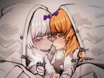  arm_tattoo blush gloves hair_ornament hand_on_another's_chin hand_on_another's_face heart heavy_breathing ishmael_(project_moon) jacket kira_(project_moon) kiss limbus_company looking_at_viewer middle_(identity)_(project_moon) moaning multiple_girls orange_eyes orange_hair pale_skin project_moon purple_eyes saliva saliva_trail saliva_trail_between_teeth sharp_teeth spoken_heart sweat tattoo teeth tomoart985 white_gloves white_hair white_jacket yuri 