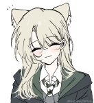  1girl animal_ear_fluff animal_ears black_robe blonde_hair blush cat_ears closed_eyes collared_shirt crossed_bangs curtained_hair diagonal-striped_clothes diagonal-striped_necktie facing_viewer genderswap genderswap_(mtf) green_necktie hair_between_eyes harry_potter_(series) head_tilt hogwarts_school_uniform long_hair malfoid necktie notice_lines portrait robe school_uniform shirt simple_background smile solo striped_clothes striped_necktie white_background white_shirt wizarding_world yunayuispink 
