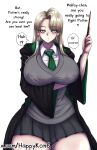  1girl absurdres black_robe blonde_hair breasts covered_nipples diagonal-striped_clothes diagonal-striped_necktie earrings genderswap genderswap_(mtf) green_eyes green_necktie green_robe harry_potter_(series) highres hogwarts_school_uniform hoop_earrings huge_breasts jewelry kingofdemon6 long_hair looking_at_viewer malfoid necktie robe school_uniform shirt solo striped_clothes striped_necktie thick_thighs thighs two-sided_fabric two-sided_robe two-tone_robe white_shirt wizarding_world 