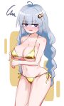  1girl ahoge arm_under_breasts blue_eyes blush braid breasts commentary_request cowboy_shot grey_hair hair_ornament highres kizuna_akari kyuu_(que_9) large_breasts long_hair looking_at_viewer lower_teeth_only navel nose_blush open_mouth solo squiggle teeth twin_braids vocaloid voiceroid white_background 