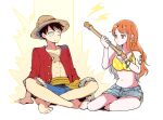  1boy 1girl atsumi_yoshioka bangle bare_legs bare_shoulders barefoot bikini bikini_top_only black_hair blue_shorts bracelet breasts clima-tact closed_mouth commentary_request cross_scar denim denim_shorts earrings electricity feet full_body fur-trimmed_shorts fur_trim hat holding holding_staff indian_style jewelry large_breasts lightning lightning_bolt_earrings lightning_bolt_symbol long_hair looking_at_another monkey_d._luffy nami_(one_piece) navel one_piece open_clothes open_shirt orange_eyes orange_hair red_shirt sash scar scar_on_cheek scar_on_chest scar_on_face shirt short_hair short_shorts shorts shoulder_tattoo single_sidelock sitting staff stomach straw_hat swimsuit tattoo thunder wavy_hair white_background yellow_bikini yellow_sash yokozuwari 