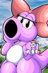 2:3 absurd_res ambiguous_gender anthro belly big_nose birdo black_eyes blush bow_(feature) claws detailed_background digital_media_(artwork) dinosaur dragon eyelashes hand_on_head hi_res hole_(anatomy) krita_(artwork) mario_bros mythological_creature mythological_scalie mythology nails nintendo outline prehistoric_species purple_body reptile ring rushthepenguin scalie shaded solo spikes tail thick_thighs white_belly