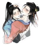  2boys absurdres all_wishes_come_true! arm_wrap black_hair blue_hanfu blue_trim blush brown_eyes chinese_clothes chinese_commentary coat commentary_request facial_hair fang hair_bun hair_ornament hair_ribbon half_updo hand_on_another's_head hanfu high_ponytail highres hug leaf_hair_ornament long_hair long_sleeves looking_at_viewer looking_back lu_dongbin_(all_wishes_come_true!) male_focus multiple_boys mustache_stubble one_eye_closed parted_lips ponytail red_coat red_ribbon ribbon sandongnuan549 sidelocks simple_background single_hair_bun smile stubble sweatdrop upper_body white_background white_hanfu yaoi zhongli_quan_(all_wishes_come_true!) 