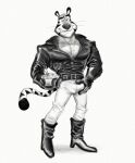 2026 absurd_res anthro belt boots bottomwear bowl bulge bulge_grab cereal chest_fur clothing container felid food footwear frosted_flakes gloves handwear hi_res holding_bowl holding_bulge holding_container holding_object jacket kellogg's leather leather_boots leather_clothing leather_footwear leather_gloves leather_handwear leather_jacket leather_topwear long_tail male mammal mascot monochrome muscular pantherine pants shoes smile solo stripes sveekins tail tiger tom_of_finland tony_the_tiger topwear whiskers zipper