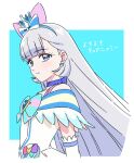  1girl blue_bow blue_bowtie blue_choker blue_crown blue_eyes blue_hairband bow bow_choker bow_hairband bowtie brooch choker closed_mouth commentary_request crown crown_earrings cure_nyammy dress earrings grey_hair hair_behind_ear hair_bow hairband heart heart_brooch highres jewelry kousuke0912 long_hair looking_at_viewer magical_girl mini_crown nekoyashiki_yuki pink_bow precure solo very_long_hair white_dress wonderful_precure! 