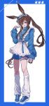  1girl amiya_(arknights) animal_ears apron arknights ayahito_(aya10n) blue_border blue_eyes blue_hairband blue_jacket blue_nails blue_shoes blue_shorts border brown_hair clipboard commentary frilled_apron frilled_hairband frills full_body hair_between_eyes hairband hand_up highres holding holding_clipboard holding_pen jacket jersey_maid leg_warmers long_hair long_sleeves looking_at_viewer maid nail_polish outside_border pen rabbit_ears rabbit_girl shoes shorts simple_background smile sneakers solo standing unconventional_maid white_apron white_background 