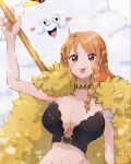  1girl blush blush_stickers braid breasts brown_eyes cape choker cleavage clima-tact cloud commentary_request crop_top earrings fur_cape gold_choker heart heart_in_eye highres holding holding_staff jewelry large_breasts long_hair looking_at_viewer midriff nami_(one_piece) navel official_alternate_costume official_alternate_hairstyle one_piece orange_hair pearl_earrings sereenadayo shoulder_tattoo single_braided_sidelock sparkle staff symbol_in_eye tattoo tongue tongue_out upper_body yellow_cape zeus_(one_piece) 