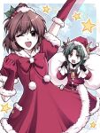  1boy 1girl :d ;d arle_nadja arle_nadja_(santa) arm_up belt belt_buckle black_belt black_gloves border bow bowtie brown_eyes brown_hair buckle christmas clenched_hand commentary curtained_hair demon_boy demon_horns drawstring dress exhausted fur-trimmed_dress fur-trimmed_gloves fur-trimmed_headwear fur_trim gloves green_hair hair_ornament hand_up hat high_ponytail highres holding holding_sack holly_hair_ornament horns long_hair long_sleeves looking_at_viewer one_eye_closed open_mouth outside_border pointy_ears ponytail puyopuyo puyopuyo_quest red_bow red_bowtie red_dress red_eyes red_gloves red_hat sack santa_costume santa_dress santa_hat satan_(puyopuyo) satan_(santa)_(puyopuyo) short_hair short_sleeves smile standing star_(symbol) sweat unipy_708 white_border yellow_horns zoom_layer 