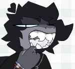 anthro aquatic black_clothing black_hair black_shirt black_topwear blue_bracelet blue_eyes bodily_fluids bracelet clothing dorsal_fin ester_(estermaelstrom) estermaelstrom fin fish grey_body grey_skin hair hi_res jewelry male mouth_shot narrowed_eyes necklace one_eye_closed open_mouth red_bracelet requiem_shark saliva saliva_on_tongue saliva_string selachian shark sharp_teeth shirt simple_background teeth tiger_shark toony topwear