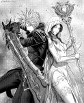  1boy 1girl absurdres aerith_gainsborough aerith_gainsborough_(ancient_festival_garb) alt_text artist_name back-to-back boots breasts cloud_strife cloud_strife_(planet's_keeper) commentary cowboy_shot dress english_commentary final_fantasy final_fantasy_vii final_fantasy_vii:_ever_crisis final_fantasy_vii_remake from_side greyscale hands_up head_tilt herzenreine highres holding holding_staff holding_weapon huge_weapon jacket light_smile long_dress long_hair long_sleeves looking_at_viewer mage_staff monochrome pants parted_lips pelvic_curtain serious short_hair small_breasts spiked_hair staff sword thigh_boots thighhighs tight_clothes tight_dress veil weapon 