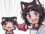  1girl animal_ear_fluff animal_ears bell black_hair cat_ears cat_girl chibi commentary_request facial_mark fang forehead_mark hairband highres jingle_bell korean_commentary looking_at_viewer meme neck_bell nekomiya_mana open_mouth pointing red_eyes red_hairband rogue_dojeog two_soyjaks_pointing_(meme) zenless_zone_zero 