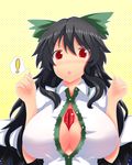  1girl black_hair bow breasts cape eyes green_bow hair_bow huge_breasts long_hair oga_raito red_eyes reiuji_utsuho solo touhou wings 