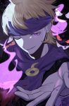  1boy black_shirt blonde_hair bright_pupils commentary gastly gengar hand_up haunter headband highres kanro_149 long_sleeves male_focus medium_hair morty_(pokemon) one_eye_closed pokemon pokemon_(creature) pokemon_heartgold_and_soulsilver purple_eyes purple_headband purple_scarf revision scarf shirt smile solo upper_body 