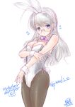  1girl alternate_costume animal_ear_hairband animal_ears black_pantyhose blue_eyes bow bowtie breasts character_name cleavage commentary_request detached_collar fake_animal_ears grey_hair hairband heywood_l._edwards_(kancolle) highleg highleg_leotard kantai_collection koshigaya_tatsumi large_breasts leotard long_hair multicolored_leotard one-hour_drawing_challenge pantyhose playboy_bunny purple_bow purple_bowtie rabbit_ears rabbit_tail side-tie_leotard simple_background solo strapless strapless_leotard tail two-tone_leotard white_background white_leotard wrist_cuffs 