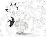 anthro avian big_tail black_ear_tips black_tail_tip chocobo dipstick_ears dipstick_tail dragon duo ear_markings english_text european_mythology female final_fantasy fur furred_dragon furred_scalie greek_mythology greyscale half-closed_eyes hi_res larger_anthro larger_female male markings mole_under_eye monochrome multicolored_ears mythological_avian mythological_bird mythological_creature mythological_firebird mythological_scalie mythology narrowed_eyes phoenix scalie scutes size_difference smaller_anthro smaller_male smile spiked_tail spikes spikes_(anatomy) square_enix tail tail_markings text thorn_paw western_dragon