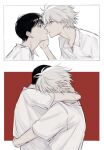  2boys black_hair border chinese_commentary closed_mouth comforting commentary_request crying dress_shirt eye_contact from_side grey_hair highres hug ikari_shinji imminent_kiss looking_at_another male_focus multiple_boys nagisa_kaworu neon_genesis_evangelion outside_border red_background red_eyes sanjiaoo school_uniform shirt short_hair simple_background tears tokyo-3_middle_school_uniform white_border white_shirt yaoi 