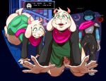 2026 absurd_res all_fours anthro balls baxxd big_butt blue_body bodily_fluids bovid bulge butt caprine clothing cum cum_drip deltarune dialogue digital_media_(artwork) dripping duo ejaculation english_text erection erection_under_clothing flushed fur genital_fluids genitals goat hi_res horn human humanoid humiliation humiliation_fetish kris_dreemurr male male_anthro male_human mammal on_ground penis pink_horn ralsei requesting speech_box speech_bubble tail tail_motion tailwag text undertale_(series) white_body white_fur