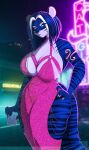 blue_body blue_fur blue_hair celest celestbrook clothing container cup cyberpunk digital_media_(artwork) dress drinking_glass felid feline female fur glass glass_container glass_cup gold_nails hair hi_res mammal multicolored_hair neon_lights night_life pantherine pink_clothing pink_dress sparkles striped_body striped_fur stripes tiger two_tone_hair whiskey_glass white_hair
