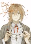  1boy blonde_hair closed_mouth commentary copyright_name cross cross_necklace degrees_of_lewdity dot_nose english_text hair_intakes highres holding holding_marker holding_removed_eyewear jewelry light_smile long_sleeves low_ponytail male_focus marker neck_ribbon necklace ponytail red_ribbon ribbon sidelocks simple_background sketch solo sydney_(degrees_of_lewdity) sydney_(male)_(degrees_of_lewdity) tareme untranslatable_commentary unworn_eyewear upper_body white_background yellow_eyes yellowshark601 