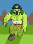 2026 3:4 aloar-d anthro anthrofied armor bandage bandage_on_abs bandaged_arm bandaged_chest black_eyes black_sclera blue_helmet blurred_background bodypaint boots bottomwear camo camo_bottomwear camo_clothing camo_pants camo_print clothing colored digital_drawing_(artwork) digital_media_(artwork) electronic_arts elemental_creature elemental_humanoid face_paint flora_fauna footwear green_body green_bottomwear green_clothing green_hair green_pants hair headgear helmet hi_res humanoid kneeling leaf leaf_hair looking_at_viewer male markings mega_gatling_pea_(pvz) muscular muscular_male out_of_focus pants pattern_bottomwear pattern_clothing pattern_pants peashooter_(pvz) pec_scar pecs plant plant_hair plant_humanoid plants_vs._zombies popcap_games pseudo_hair scar shaded shoes simple_background simple_shading siphon_(anatomy) solo star_(marking) vine_arms
