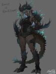  1girl :d above-cleavage_cutout animal_helmet beast_of_blackflame_(monumenta) black_sclera blue_eyes burning character_name clothing_cutout colored_sclera contrapposto curled_horns dark-skinned_female dark_skin full_body grin hands_on_own_hips highres horns monumenta muscular muscular_female paper_box pointy_ears scar scar_across_eye scar_on_face second-party_source short_shorts shorts shoulder_spikes slit_pupils smile solo spikes tail 