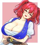  1girl arm_under_breasts blush breasts brown_sash chest_sarashi cleavage commentary_request hair_bobbles hair_ornament highres hinben large_breasts looking_at_viewer medium_hair obi obidome onozuka_komachi open_mouth puffy_short_sleeves puffy_sleeves red_eyes red_hair sarashi sash short_sleeves smile solo touhou two_side_up upper_body 