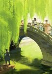  1boy 1girl architecture black_hair book braid bridge chinese_clothes double_bun east_asian_architecture hair_bun hanfu highres lake lanxi_zhen li_qingning_(the_legend_of_luo_xiaohei) official_art people pile_of_books river solar_term textless_version the_legend_of_luo_xiaohei weeping_willow xuan_li_(the_legend_of_luo_xiaohei) yuban_delanbai 