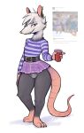 2026 3_toes 4_fingers absurd_res american_opossum anthro barefoot belt biped bottomwear cheek_tuft claws clothed clothing container crotch_tuft cup disposable_cup dress ear_piercing ear_ring english_text facial_tuft featureless_crotch feet female fingers fuel_(artist) fur grey_body grey_fur head_tuft hi_res holding_container holding_cup holding_object knee_tuft leg_markings leg_tuft looking_at_viewer mammal markings marsupial no_underwear pattern_bottomwear pattern_clothing pattern_skirt pattern_topwear paws piercing pink_nose plaid plaid_bottomwear plaid_clothing plaid_skirt plantigrade reference_image ring_piercing sharp_teeth simple_background skirt smile socks_(marking) solo solo_cup standing striped_clothing striped_topwear stripes teeth text toe_claws toes topwear tuft virginia_opossum white_background white_body white_fur zelda_(fuel)