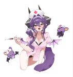  1girl baku_(sakihane_huya) bat_(animal) black_bra black_horns black_panties blush bra breasts cleavage collared_shirt commentary creature cropped_legs dami double-parted_bangs dragon_girl fang hair_between_eyes hair_ears hair_intakes hat highres holding holding_syringe horns lace-trimmed_bra lace-trimmed_panties lace_trim large_breasts long_bangs looking_at_viewer no_pants nurse_cap open_mouth panties partially_unbuttoned pink_shirt pointy_ears purple_tail purple_wings sakihane_huya shirt short_sleeves simple_background skin_fang solo stellive syringe underwear virtual_youtuber white_background white_hat wings yellow_eyes 