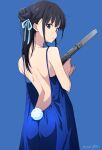  1girl back backless_dress backless_outfit bare_back black_hair blue_background blue_dress blue_ribbon commentary_request dress from_behind gun hair_bun hair_ribbon handgun highres holding holding_gun holding_weapon inoue_takina long_hair looking_at_viewer looking_back lycoris_recoil nii_manabu purple_eyes ribbon smith_&amp;_wesson_m&amp;p solo weapon 