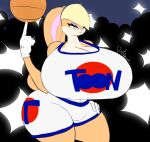 anthro ball basketball_(ball) basketball_uniform big_breasts blonde_hair bottomwear breasts buckteeth clothing female gloves green_eyes hair handwear huge_breasts lagomorph leporid lola_bunny looney_tunes mammal orange_body rabbit riku9797 shirt shorts solo sportswear teeth thick_thighs topwear uniform warner_brothers
