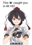  1girl absurdres black_hair black_ribbon camera collared_shirt commentary double-parted_bangs emoji english_text grin hat highres holding holding_camera kametoyou looking_at_viewer neck_ribbon no_pupils open_mouth pom_pom_(clothes) puffy_short_sleeves puffy_sleeves red_eyes red_hat ribbon shameimaru_aya shirt short_hair short_sleeves simple_background smile solo straight-on tokin_hat touhou untranslatable_commentary upper_body white_background white_shirt 