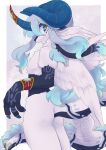  1boy absurdres artist_name blue_eyes blue_hair blue_horns body_fur body_markings bracelet claws commentary_request cowboy_shot curved_horns dragon_boy dragon_horns dragon_tail feathered_wings furry furry_male grey_background head_wings highres horn_cover horns jewelry long_hair looking_at_viewer looking_back male_focus mochiri_(mochiri_work) multiple_horns multiple_wings original signature simple_background single_horn solo standing tail very_long_hair white_fur white_wings wings yellow_pupils 