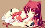  artist_request food ice_cream kousaka_tamaki lingerie loose_thighhigh lying one_eye_closed popsicle red_hair school_uniform sexually_suggestive solo thighhighs to_heart_2 underwear watermark white_legwear 