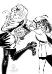  2girls ahoge butt_flap commentary dated dated_commentary english_commentary glasses highres inktober kantai_collection long_hair military_uniform monochrome multiple_girls northampton_(kancolle) one-hour_drawing_challenge open_mouth pantyhose pleated_skirt ron_(pixiv83091338) sailor_collar sailor_shirt school_uniform serafuku shirt short_hair signature skirt smile twitter_username ume_(kancolle) 