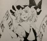  1girl :d ascot bow collared_shirt commentary_request fang flandre_scarlet hair_between_eyes hat hat_bow highres hisha_(kan_moko) looking_at_viewer medium_hair mob_cap open_mouth pointy_ears puffy_short_sleeves puffy_sleeves shirt short_sleeves smile solo touhou traditional_media vest wings 