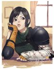  1girl 5tatsu armor black_hair commentary_request elbow_on_table final_fantasy final_fantasy_vii final_fantasy_vii_rebirth final_fantasy_vii_remake forehead_protector gloves hand_on_own_face highres looking_to_the_side orange_gloves parted_lips pauldrons short_hair shoulder_armor single_pauldron single_shoulder_pad sitting sleeveless sleeveless_turtleneck solo turtleneck yuffie_kisaragi 