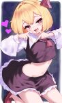  1girl :d ascot black_skirt black_vest blonde_hair blush commentary fang four-finger_heart_hands frills hair_between_eyes hair_ribbon heart heart-shaped_pupils heart_hands highres kneeling long_sleeves medium_hair midriff navel open_mouth red_ascot red_eyes red_ribbon red_shoes ribbon rumia saniraku shirt shoes skin_fang skirt smile solo symbol-shaped_pupils thighs touhou vest white_shirt 